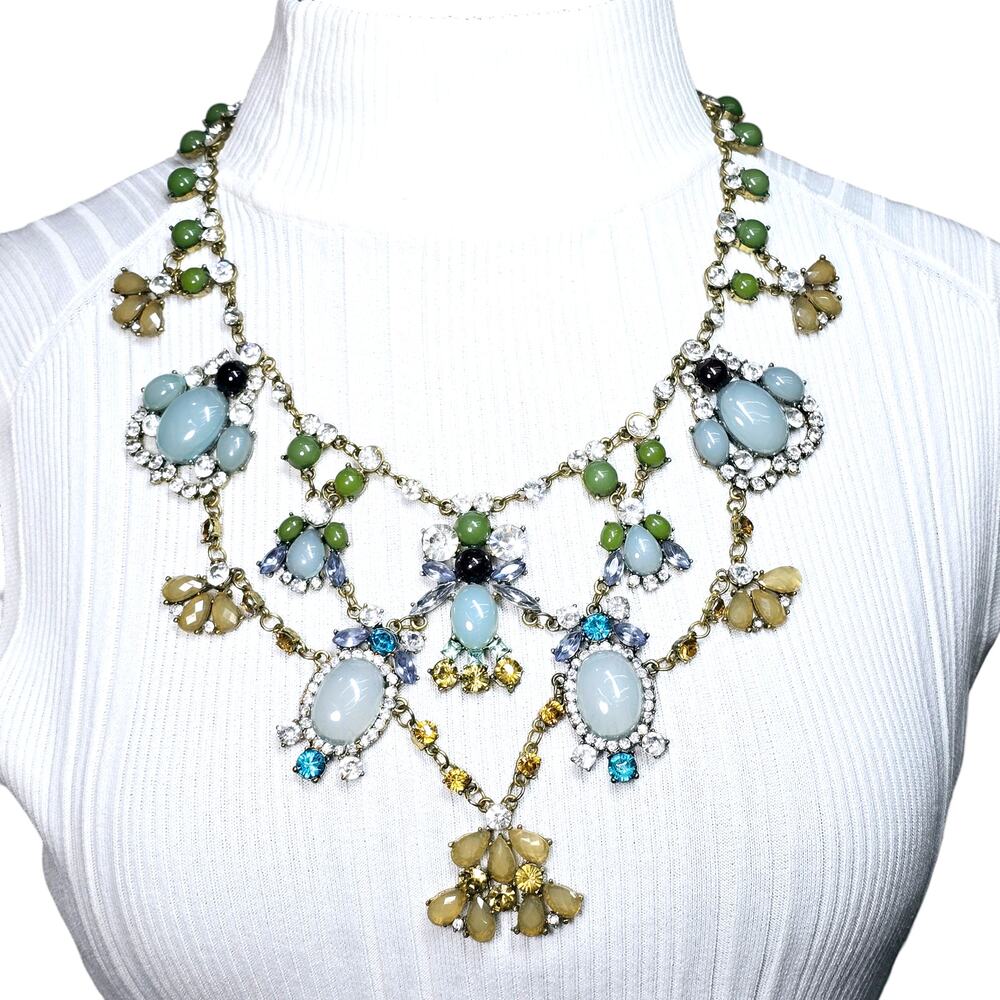 Chunky Chandelier Gold Tone Bib Statement Necklace Faceted Rhinestones Cabochons